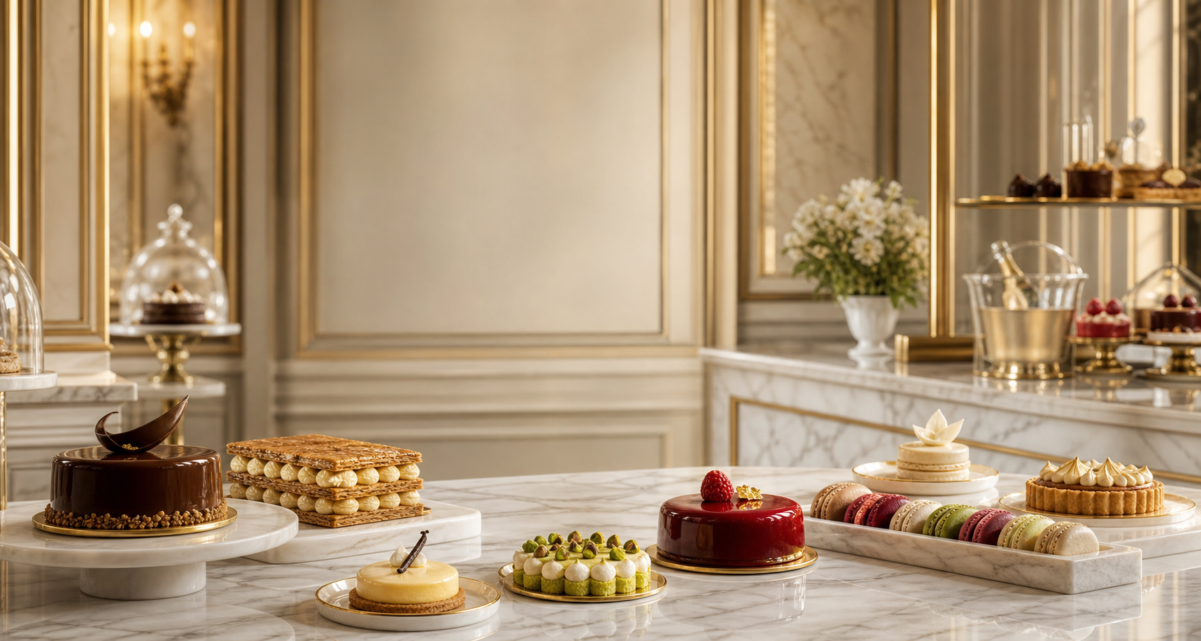 Comptoir de pâtisserie haut de gamme avec créations élégantes